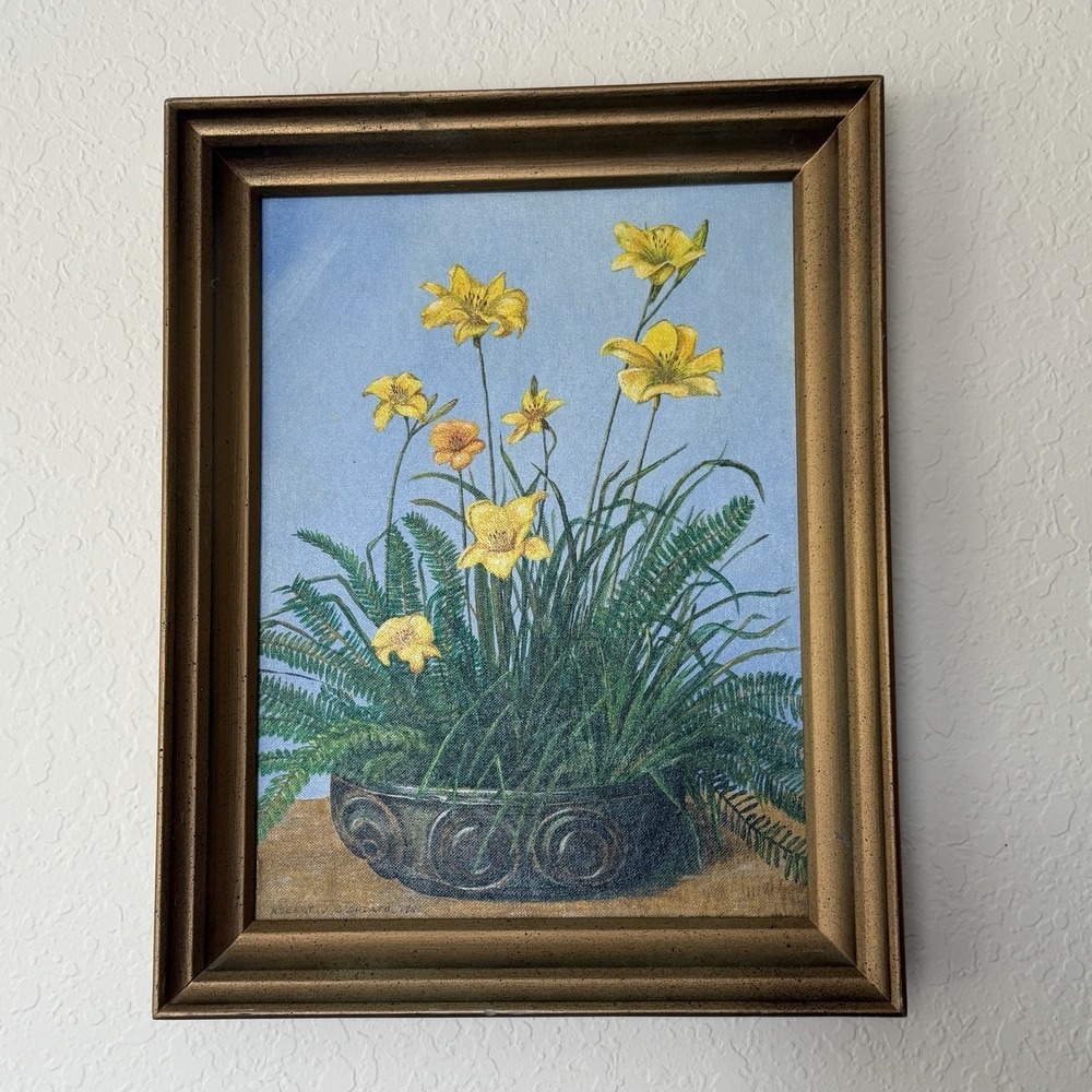 Vtg Original Flower Painting Yellow Floral Lilly Lillies Art Still Life Signed